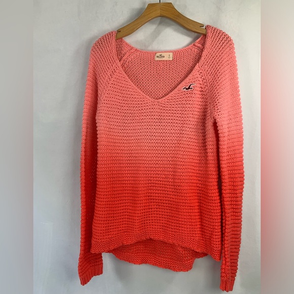 Hollister Open Knit V Neck Long Sleeve Sweater Coral Pink Ombre Oversized Size S - Picture 1 of 11
